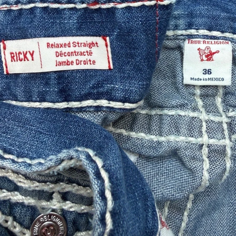 True Religion Ricky Relaxed Straight Jeans Blue Super T Stitching Mens 36